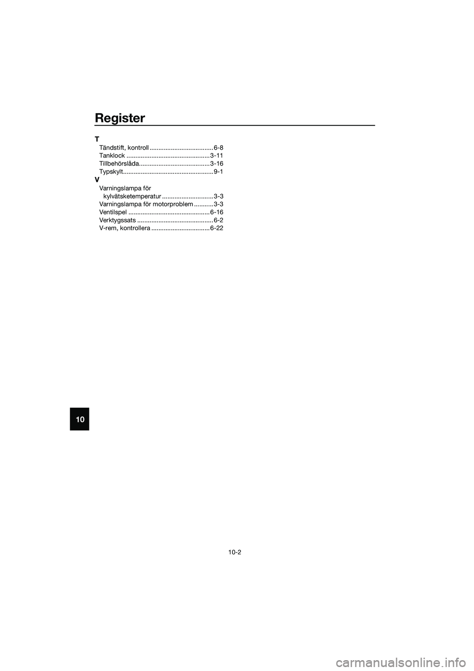 YAMAHA TRICITY 2017 Bruksanvisningar (in Swedish) Register
10-2
10
T
Tändstift, kontroll .................................... 6-8
Tanklock ............................................... 3-11
Tillbehörslåda........................................ YAMAHA TRICITY 2017 Bruksanvisningar (in Swedish) Register
10-2
10
T
Tändstift, kontroll .................................... 6-8
Tanklock ............................................... 3-11
Tillbehörslåda........................................