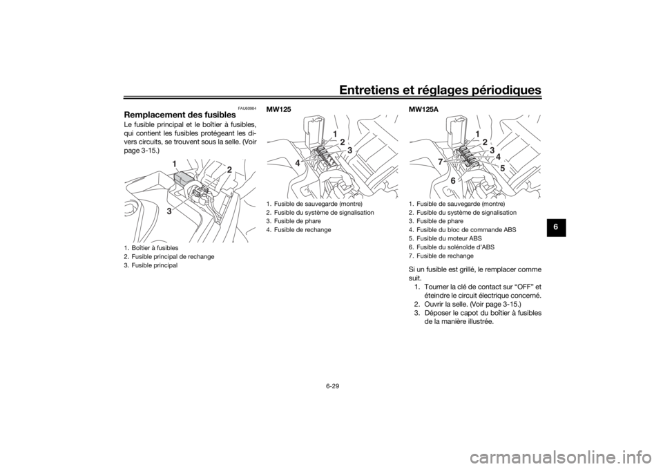 YAMAHA TRICITY 2016 Notices Demploi (in French) Entretiens et réglages périodiques
6-29
6
FAU60984
Remplacement des fusiblesLe fusible principal et le boîtier à fusibles,
qui contient les fusibles protégeant les di-
vers circuits, se trouvent YAMAHA TRICITY 2016 Notices Demploi (in French) Entretiens et réglages périodiques
6-29
6
FAU60984
Remplacement des fusiblesLe fusible principal et le boîtier à fusibles,
qui contient les fusibles protégeant les di-
vers circuits, se trouvent