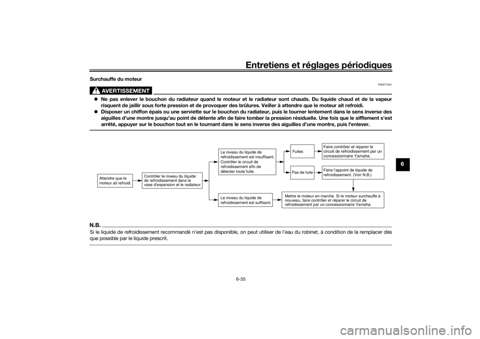 YAMAHA TRICITY 2016  Notices Demploi (in French) Entretiens et réglages périodiques
6-35
6
Surchauffe  du moteur
AVERTISSEMENT
FWAT1041
 Ne pas enlever le bouchon  du ra diateur quan d le moteur et le ra diateur sont chau ds. Du liqui de chau d