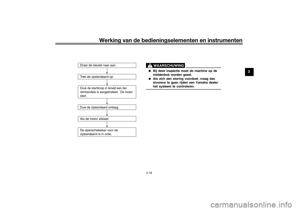 YAMAHA TRICITY 2016  Instructieboekje (in Dutch) Werking van  de  bed ienin gselementen en instrumenten
3-18
3
●
Bij deze inspectie moet de machine op de 
middenbok worden gezet.
●
Als zich een storing voordoet, vraag dan 
alvorens te gaan rijde