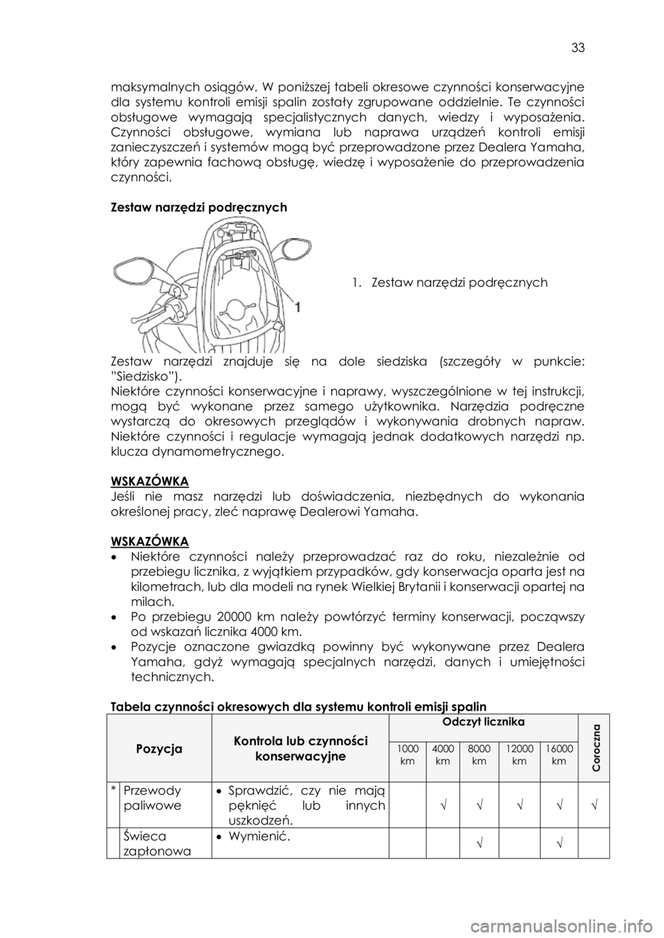 YAMAHA TRICITY 2016  Instrukcja obsługi (in Polish)  
   
33 
 
maksymalnych  osiągów.  W  poniższej  tabeli  okresowe  czynności  konserwacyjne 
dla  systemu  kontroli  emisji  spalin  zostały  zgrupowane  oddzielnie.  Te  czynności 
obsługowe 