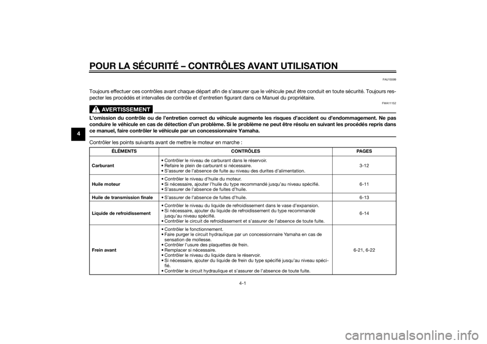 YAMAHA TRICITY 2015  Notices Demploi (in French) POUR LA SÉCURITÉ – CONTRÔLES AVANT UTILISATION
4-1
4
FAU15599
Toujours effectuer ces contrôles avant chaque départ afin de s’assurer que le véhicule peut être conduit en toute sécurité. T