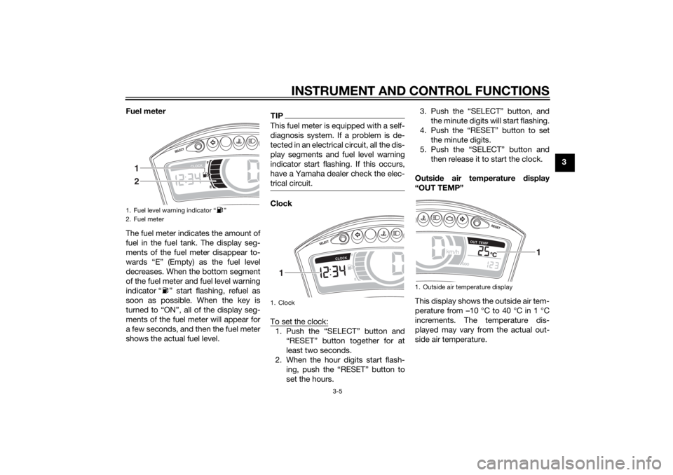 YAMAHA TRICITY 2014 Owners Manual INSTRUMENT AND CONTROL FUNCTIONS
3-5
3
Fuel meter
The fuel meter indicates the amount of
fuel in the fuel tank. The display seg-
ments of the fuel meter disappear to-
wards “E” (Empty) as the fuel