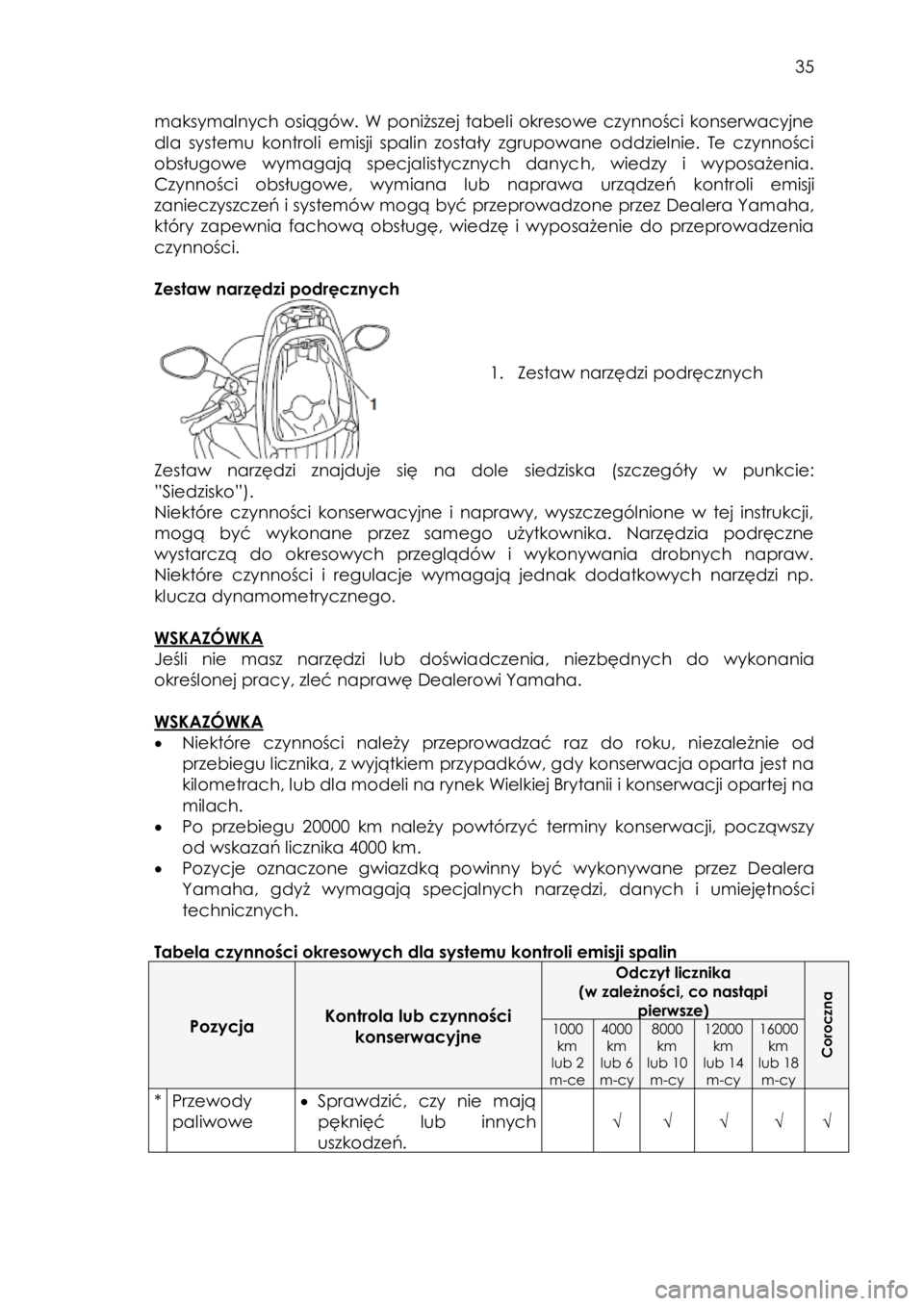 YAMAHA TRICITY 2014  Instrukcja obsługi (in Polish)  
   
35 
 
maksymalnych  osiągów.  W  poniższej  tabeli  okresowe  czynności  konserwacyjne 
dla  systemu  kontroli  emisji  spalin  zostały  zgrupowane  oddzielnie.  Te  czynności 
obsługowe 