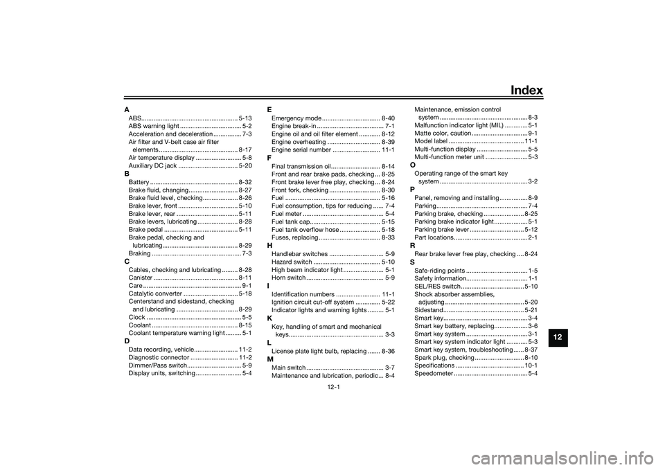 YAMAHA TRICITY 300 2021  Owners Manual 12-1
12
Index
AABS....................................................... 5-13
ABS warning light ................................... 5-2
Acceleration and deceleration ................ 7-3
Air filter a