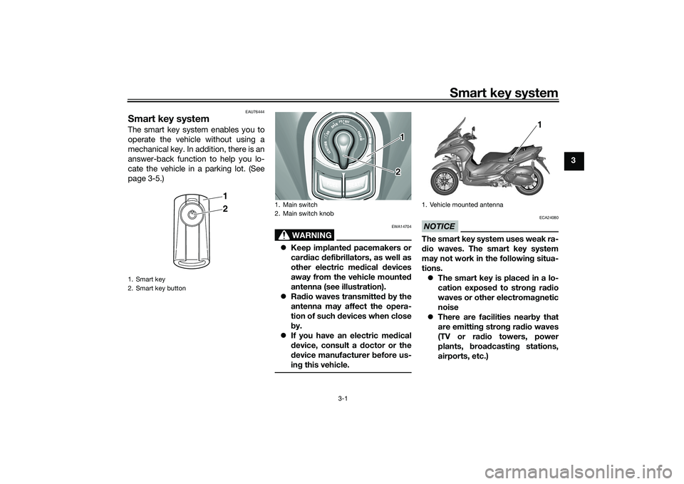 YAMAHA TRICITY 300 2021 User Guide Smart key system
3-1
3
EAU76444
Smart key systemThe smart key system enables you to
operate the vehicle without using a
mechanical key. In addition, there is an
answer-back function to help you lo-
ca