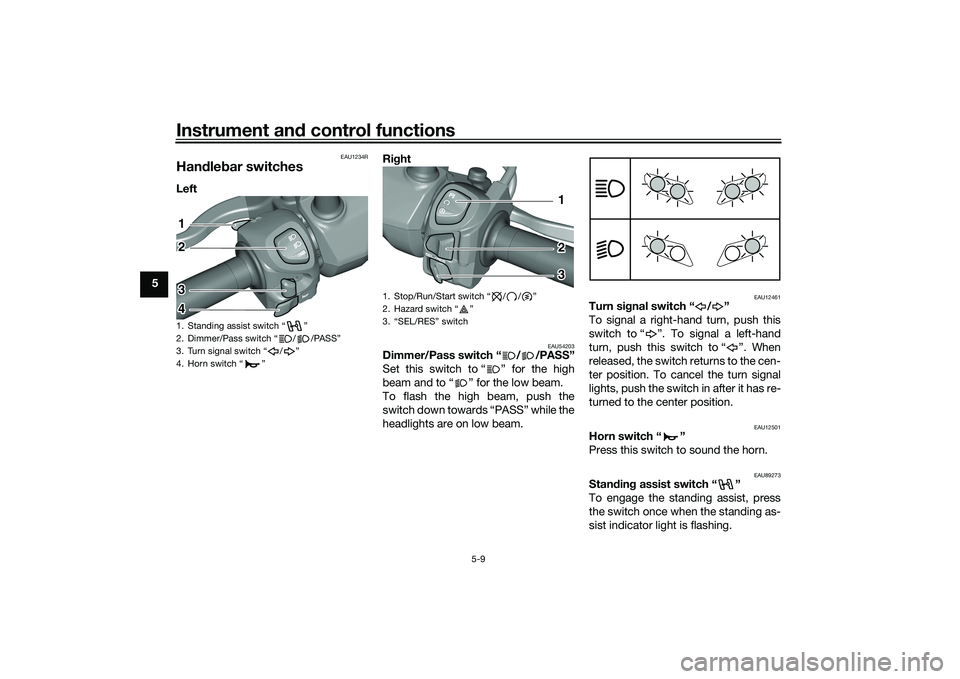 YAMAHA TRICITY 300 2021 Owners Guide Instrument and control functions
5-9
5
EAU1234R
Han dle bar switchesLeft  Ri
ght 
EAU54203
Dimmer/Pass switch “ / /PASS”
Set this switch to “ ” for the high
beam and to “ ” for the low bea