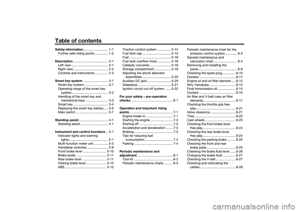 YAMAHA TRICITY 300 2021 Owners Manual Table of contentsSafety information ............................ 1-1
Further safe-riding points ............... 1-5
Description ....................................... 2-1
Left view .................. YAMAHA TRICITY 300 2021 Owners Manual Table of contentsSafety information ............................ 1-1
Further safe-riding points ............... 1-5
Description ....................................... 2-1
Left view ..................