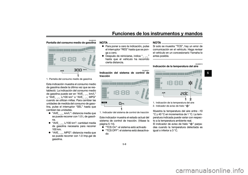 YAMAHA TRICITY 300 2021 Manuale de Empleo (in Spanish) Funciones de los instrumentos y mand os
5-8
5
SAU89190
Pantalla del consumo me dio de gasolina
Esta indicación muestra el consumo medio
de gasolina desde la última vez que se res-
tableció. La ind YAMAHA TRICITY 300 2021 Manuale de Empleo (in Spanish) Funciones de los instrumentos y mand os
5-8
5
SAU89190
Pantalla del consumo me dio de gasolina
Esta indicación muestra el consumo medio
de gasolina desde la última vez que se res-
tableció. La ind