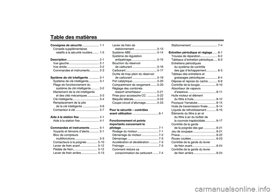 YAMAHA TRICITY 300 2021  Notices Demploi (in French) Table des matièresConsignes  de sécurité ..................... 1-1
Conseils supplémentaires  relatifs à la sécurité routière ........ 1-5
Description ....................................... 2-