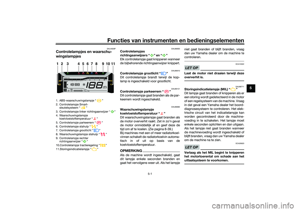 YAMAHA TRICITY 300 2021  Instructieboekje (in Dutch) Functies van instrumenten en bed ienin gselementen
5-1
5
DAU4939P
Controlelampjes en waarschu-
win gslampjes
DAU88900
Controlelampjes 
richtin gaanwijzers “ ” en “ ”
Elk controlelampje gaat kn