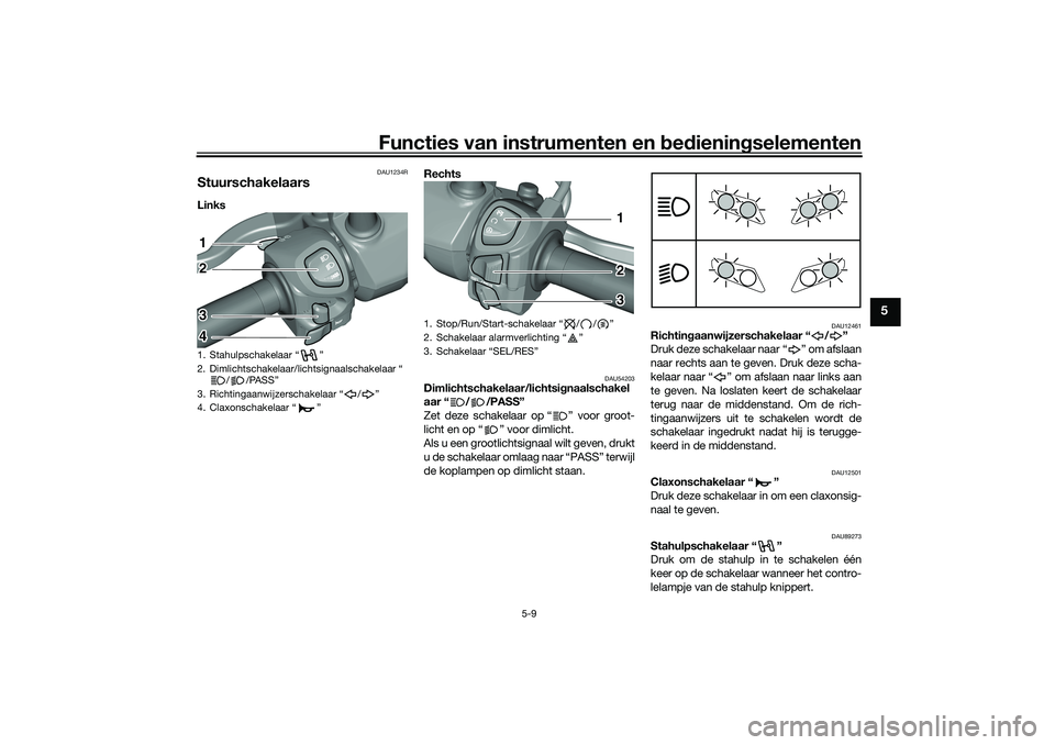 YAMAHA TRICITY 300 2021  Instructieboekje (in Dutch) Functies van instrumenten en bed ienin gselementen
5-9
5
DAU1234R
StuurschakelaarsLinks  Rechts 
DAU54203
Dimlichtschakelaar/lichtsi
gnaalschakel
aar “ / /PASS”
Zet deze schakelaar op “ ” voor