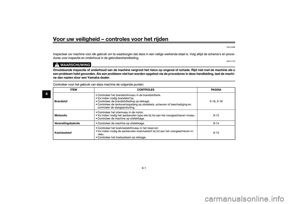 YAMAHA TRICITY 300 2021  Instructieboekje (in Dutch) Voor uw veilighei d – controles voor het rij den
6-1
6
DAU1559B
Inspecteer uw machine voor elk gebruik om te waarborgen dat deze  in een veilige werkende staat is. Volg altijd de schema’s en proce