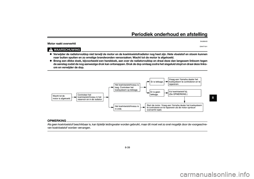 YAMAHA TRICITY 300 2021  Instructieboekje (in Dutch) Periodiek on derhoud  en afstelling
8-39
8
DAU86420
Motor raakt oververhit
WAARSCHUWING
DWAT1041
Verwij der  de rad iatorvuld op niet terwijl  de motor en  de koelvloeistofrad iator nog heet zijn. 
