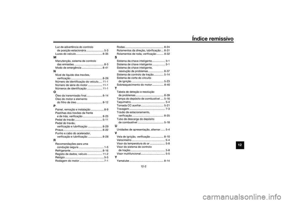 YAMAHA TRICITY 300 2021  Manual de utilização (in Portuguese) Índice remissivo
12-2
12
Luz de advertência do controlo 
de posição estacionária ....................... 5-3
Luzes do veículo................................... 8-35MManutenção, sistema de con