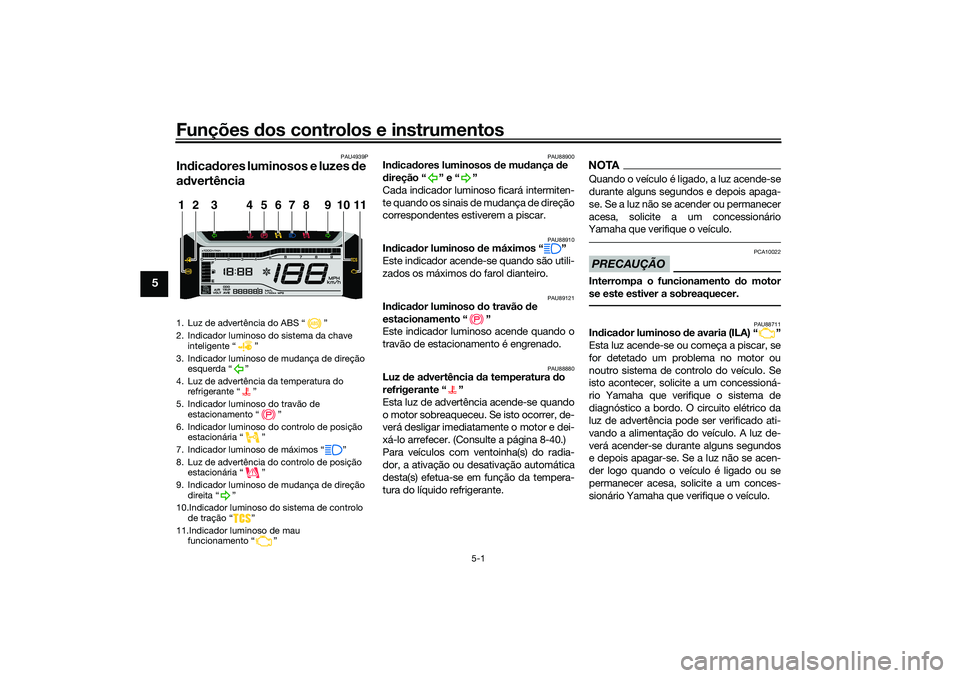 YAMAHA TRICITY 300 2021  Manual de utilização (in Portuguese) Funções dos controlos e instrumentos
5-1
5
PAU4939P
In dica dores luminosos e luzes  de 
a d vertência
PAU88900
In dica dores luminosos  de mu dança  de 
d ireção “ ” e “ ”
Cada indicado