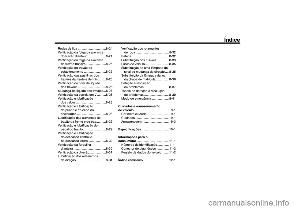 YAMAHA TRICITY 300 2021  Manual de utilização (in Portuguese) Índice
Rodas de liga ................................8-24
Verificação da folga da alavanca 
do travão dianteiro .....................8-24
Verificação da folga da alavanca  do travão traseiro ..