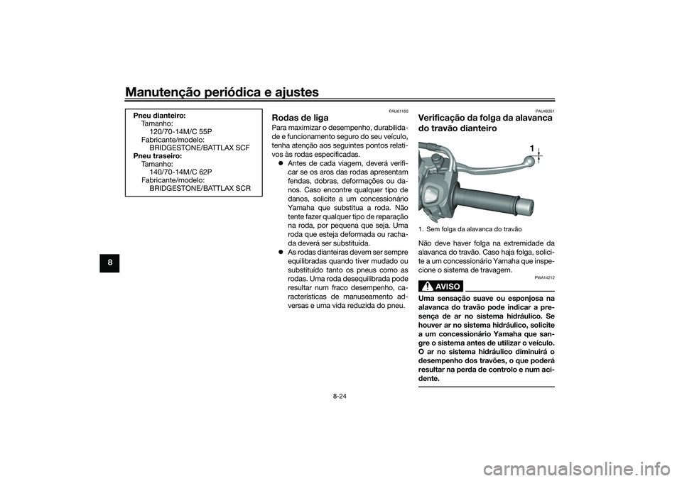 YAMAHA TRICITY 300 2021  Manual de utilização (in Portuguese) Manutenção periódica e ajustes
8-24
8
PAU61160
Ro das  de ligaPara maximizar o de sempenho, durabilida-
de e funcionamento seguro do seu veículo,
tenha atenção aos seguintes pontos relati-
vos  YAMAHA TRICITY 300 2021  Manual de utilização (in Portuguese) Manutenção periódica e ajustes
8-24
8
PAU61160
Ro das  de ligaPara maximizar o de sempenho, durabilida-
de e funcionamento seguro do seu veículo,
tenha atenção aos seguintes pontos relati-
vos