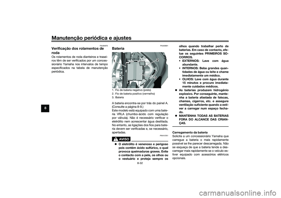 YAMAHA TRICITY 300 2021 Manual de utilização (in Portuguese) Manutenção periódica e ajustes
8-32
8
PAU84970
Verificação dos rolamentos de
ro daOs rolamentos de roda dianteiros e trasei-
ros têm de ser verificados por um conces-
sionário Yamaha nos int YAMAHA TRICITY 300 2021 Manual de utilização (in Portuguese) Manutenção periódica e ajustes
8-32
8
PAU84970
Verificação dos rolamentos de
ro daOs rolamentos de roda dianteiros e trasei-
ros têm de ser verificados por um conces-
sionário Yamaha nos int