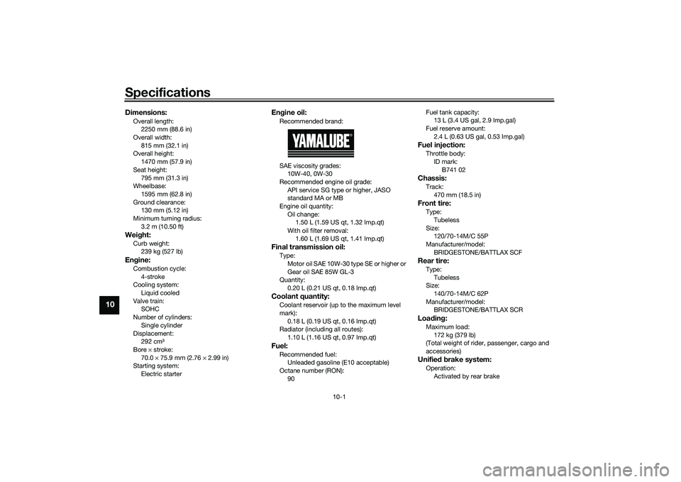 YAMAHA TRICITY 300 2020  Owners Manual Specifications
10-1
10
Dimensions:Overall length:2250 mm (88.6 in)
Overall width:
815 mm (32.1 in)
Overall height: 1470 mm (57.9 in)
Seat height: 795 mm (31.3 in)
Wheelbase:
1595 mm (62.8 in)
Ground c