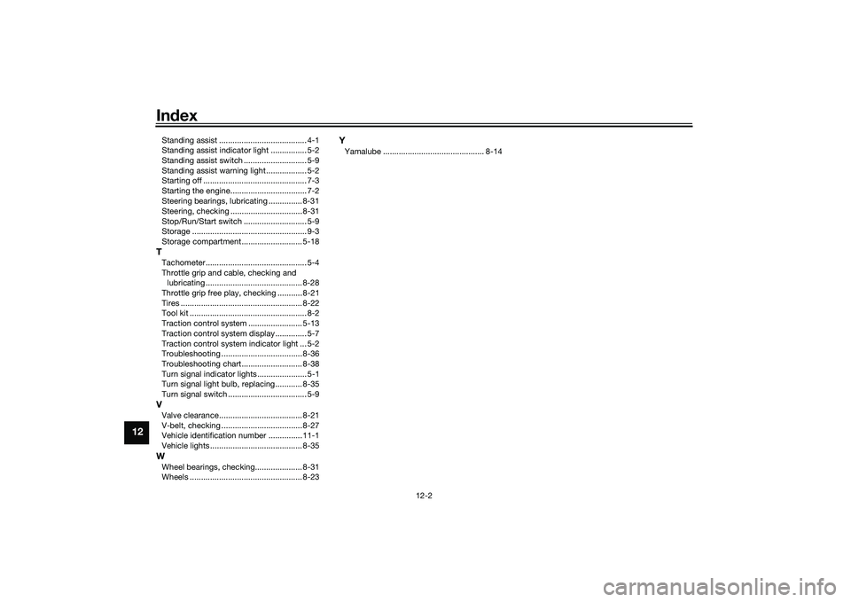 YAMAHA TRICITY 300 2020 Owners Manual Index
12-2
12
Standing assist ....................................... 4-1
Standing assist indicator light ................ 5-2
Standing assist switch ............................ 5-9
Standing assist w