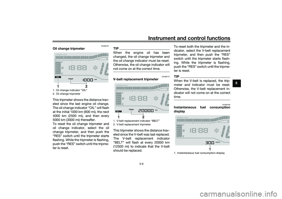 YAMAHA TRICITY 300 2020 Owners Guide Instrument and control functions
5-6
5
EAU89161
Oil chan ge tripmeter
This tripmeter shows the distance trav-
eled since the last engine oil change.
The oil change indicator “OIL” will flash
at th