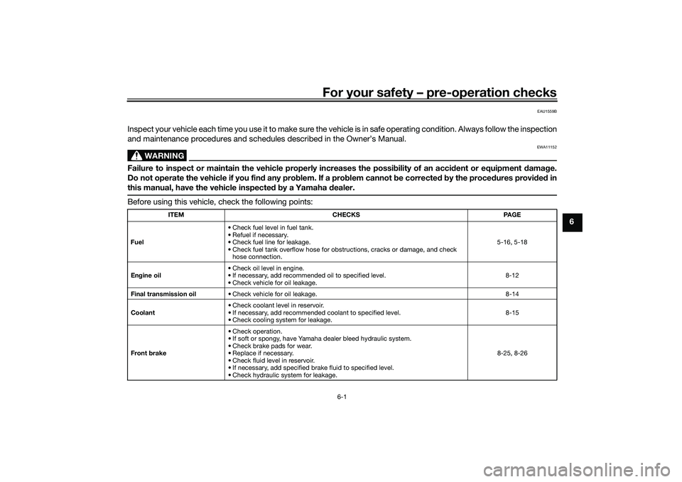 YAMAHA TRICITY 300 2020 Workshop Manual For your safety – pre-operation checks
6-1
6
EAU1559B
Inspect your vehicle each time you use it to make sure the vehicle is in safe operating condition. Always follow the inspection
and maintenance YAMAHA TRICITY 300 2020 Workshop Manual For your safety – pre-operation checks
6-1
6
EAU1559B
Inspect your vehicle each time you use it to make sure the vehicle is in safe operating condition. Always follow the inspection
and maintenance