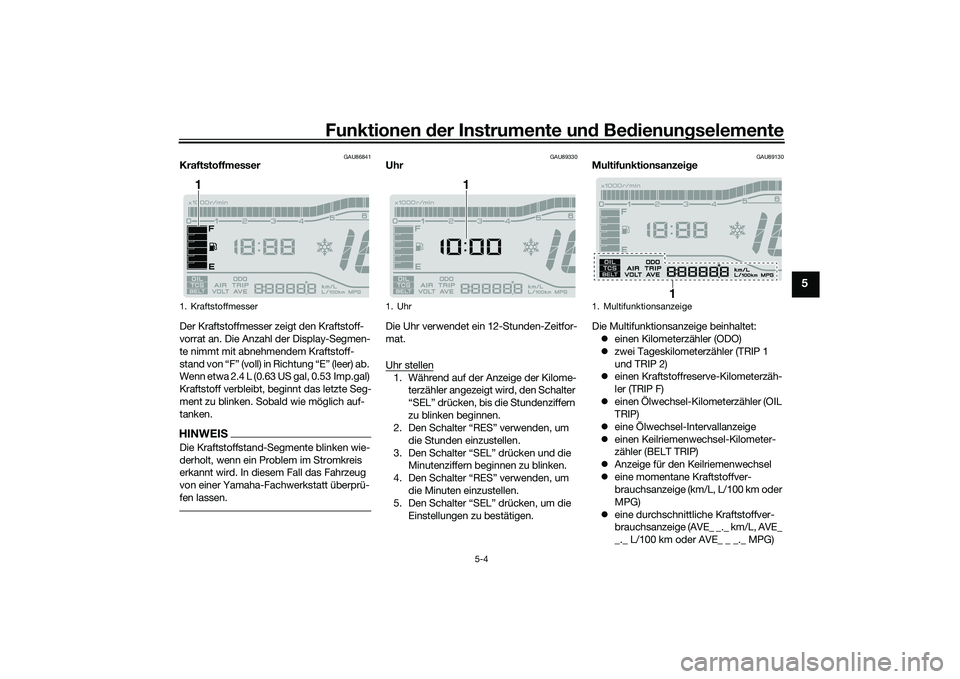 YAMAHA TRICITY 300 2020  Betriebsanleitungen (in German) Funktionen der Instrumente und Bedienungselemente
5-4
5
GAU86841
Kraftstoffmesser
Der Kraftstoffmesser zeigt den Kraftstoff-
vorrat an. Die Anzahl der Display-Segmen-
te nimmt mit abnehmendem Kraftsto