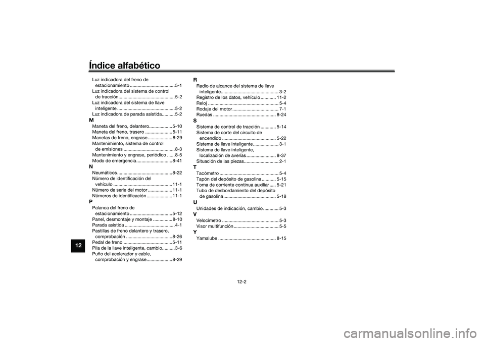 YAMAHA TRICITY 300 2020  Manuale de Empleo (in Spanish) Índice alfabético
12-2
12
Luz indicadora del freno de 
estacionamiento ................................... 5-1
Luz indicadora del sistema de control 
de tracción....................................