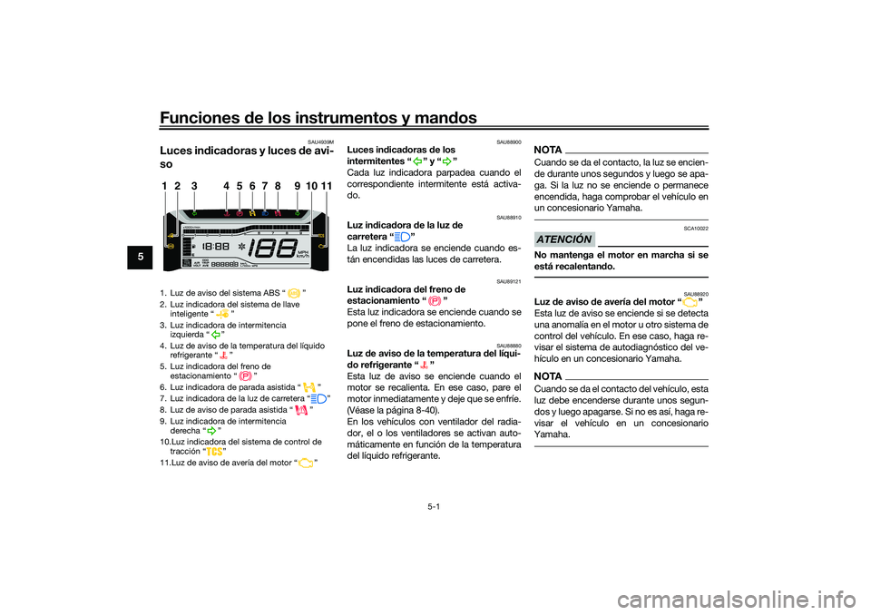 YAMAHA TRICITY 300 2020  Manuale de Empleo (in Spanish) Funciones de los instrumentos y mandos
5-1
5
SAU4939M
Luces indicadoras y luces de avi-
so
SAU88900
Luces indicadoras de los 
intermitentes “ ” y “ ”
Cada luz indicadora parpadea cuando el
cor