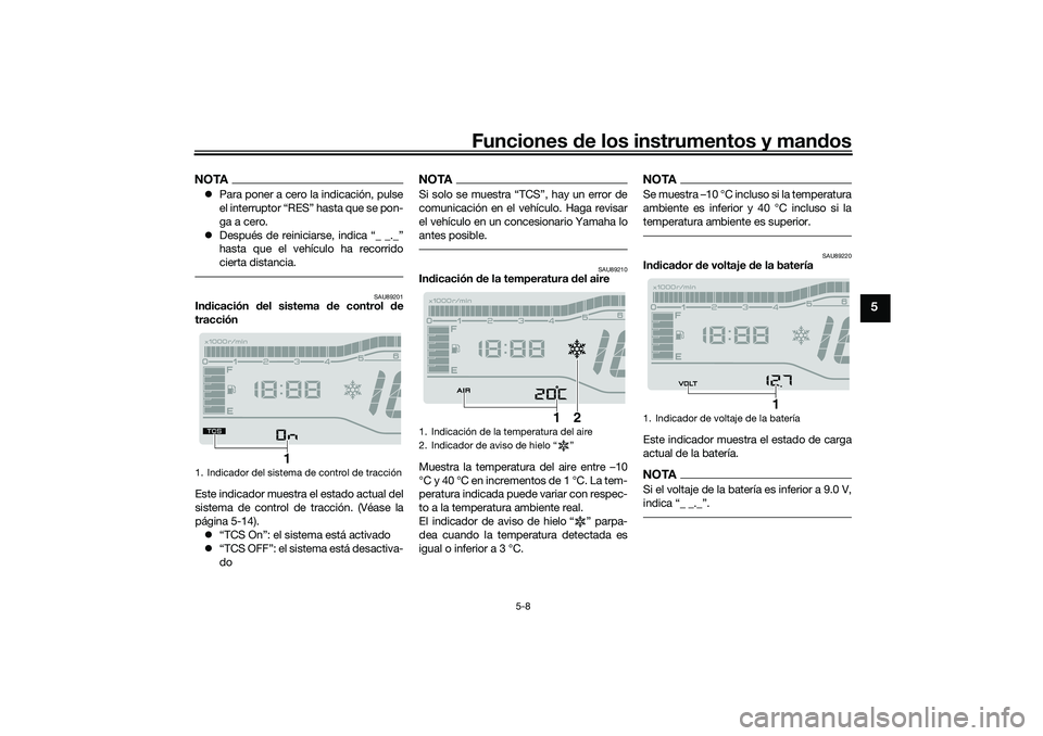 YAMAHA TRICITY 300 2020 Manuale de Empleo (in Spanish) Funciones de los instrumentos y mandos
5-8
5
NOTAPara poner a cero la indicación, pulse
el interruptor “RES” hasta que se pon-
ga a cero.
Después de reiniciarse, indica “_ _._”
hasta q YAMAHA TRICITY 300 2020 Manuale de Empleo (in Spanish) Funciones de los instrumentos y mandos
5-8
5
NOTAPara poner a cero la indicación, pulse
el interruptor “RES” hasta que se pon-
ga a cero.
Después de reiniciarse, indica “_ _._”
hasta q