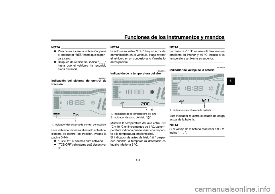 YAMAHA TRICITY 300 2020  Manuale de Empleo (in Spanish) Funciones de los instrumentos y mandos
5-8
5
NOTAPara poner a cero la indicación, pulse
el interruptor “RES” hasta que se pon-
ga a cero.
Después de reiniciarse, indica “_ _._”
hasta q