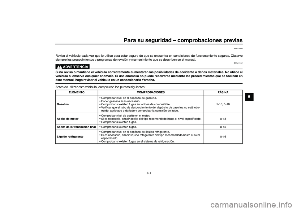 YAMAHA TRICITY 300 2020 Manuale de Empleo (in Spanish) Para su seguridad – comprobaciones previas
6-1
6
SAU1559B
Revise el vehículo cada vez que lo utilice para estar seguro de que se encuentra en condiciones de funcionamiento seguras. Observe
siempre YAMAHA TRICITY 300 2020 Manuale de Empleo (in Spanish) Para su seguridad – comprobaciones previas
6-1
6
SAU1559B
Revise el vehículo cada vez que lo utilice para estar seguro de que se encuentra en condiciones de funcionamiento seguras. Observe
siempre