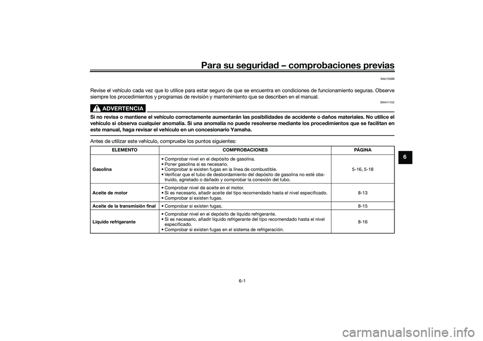 YAMAHA TRICITY 300 2020  Manuale de Empleo (in Spanish) Para su seguridad – comprobaciones previas
6-1
6
SAU1559B
Revise el vehículo cada vez que lo utilice para estar seguro de que se encuentra en condiciones de funcionamiento seguras. Observe
siempre 