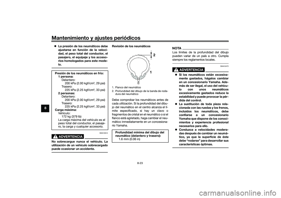YAMAHA TRICITY 300 2020 Manuale de Empleo (in Spanish) Mantenimiento y ajustes periódicos
8-23
8
La presión de los neumáticos debe
ajustarse en función de la veloci-
dad, el peso total del conductor, el
pasajero, el equipaje y los acceso-
rios homo YAMAHA TRICITY 300 2020 Manuale de Empleo (in Spanish) Mantenimiento y ajustes periódicos
8-23
8
La presión de los neumáticos debe
ajustarse en función de la veloci-
dad, el peso total del conductor, el
pasajero, el equipaje y los acceso-
rios homo