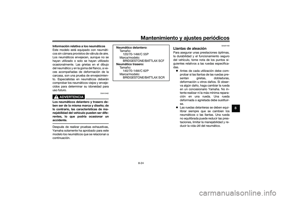 YAMAHA TRICITY 300 2020 Manuale de Empleo (in Spanish) Mantenimiento y ajustes periódicos8-24
8
Información relativa a los neumáticos
Este modelo está equipado con neumáti-
cos sin cámara provistos de válvula de aire.
Los neumáticos envejecen, aun YAMAHA TRICITY 300 2020 Manuale de Empleo (in Spanish) Mantenimiento y ajustes periódicos8-24
8
Información relativa a los neumáticos
Este modelo está equipado con neumáti-
cos sin cámara provistos de válvula de aire.
Los neumáticos envejecen, aun