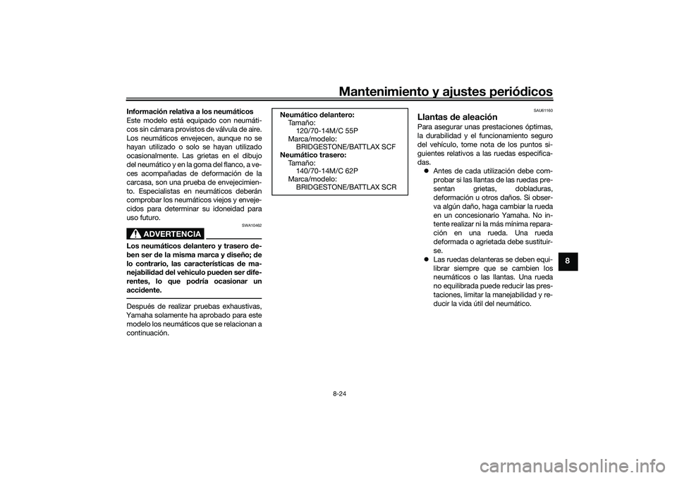 YAMAHA TRICITY 300 2020  Manuale de Empleo (in Spanish) Mantenimiento y ajustes periódicos8-24
8
Información relativa a los neumáticos
Este modelo está equipado con neumáti-
cos sin cámara provistos de válvula de aire.
Los neumáticos envejecen, aun