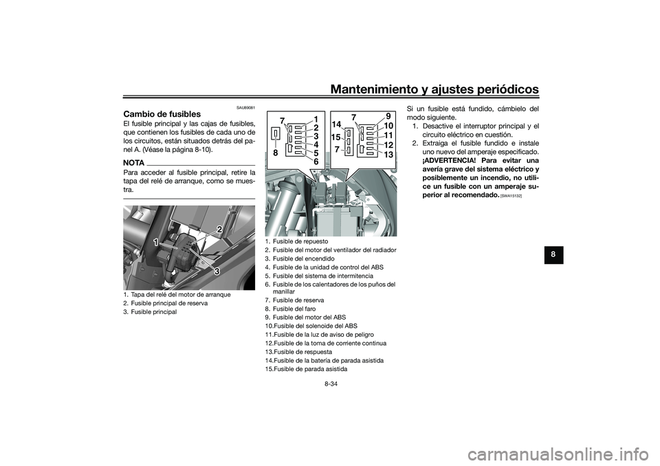 YAMAHA TRICITY 300 2020 Manuale de Empleo (in Spanish) Mantenimiento y ajustes periódicos8-34
8
SAU89081
Cambio de fusiblesEl fusible principal y las cajas de fusibles,
que contienen los fusibles de cada uno de
los circuitos, están situados detrás del YAMAHA TRICITY 300 2020 Manuale de Empleo (in Spanish) Mantenimiento y ajustes periódicos8-34
8
SAU89081
Cambio de fusiblesEl fusible principal y las cajas de fusibles,
que contienen los fusibles de cada uno de
los circuitos, están situados detrás del