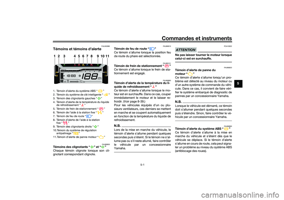 YAMAHA TRICITY 300 2020 Notices Demploi (in French) Commandes et instruments
5-1
5
FAU4939M
Témoins et témoins d’alerte
FAU88900
Témoins des clignotants “ ” et “ ”
Chaque témoin clignote lorsque son cli-
gnotant correspondant clignote.
FA YAMAHA TRICITY 300 2020 Notices Demploi (in French) Commandes et instruments
5-1
5
FAU4939M
Témoins et témoins d’alerte
FAU88900
Témoins des clignotants “ ” et “ ”
Chaque témoin clignote lorsque son cli-
gnotant correspondant clignote.
FA