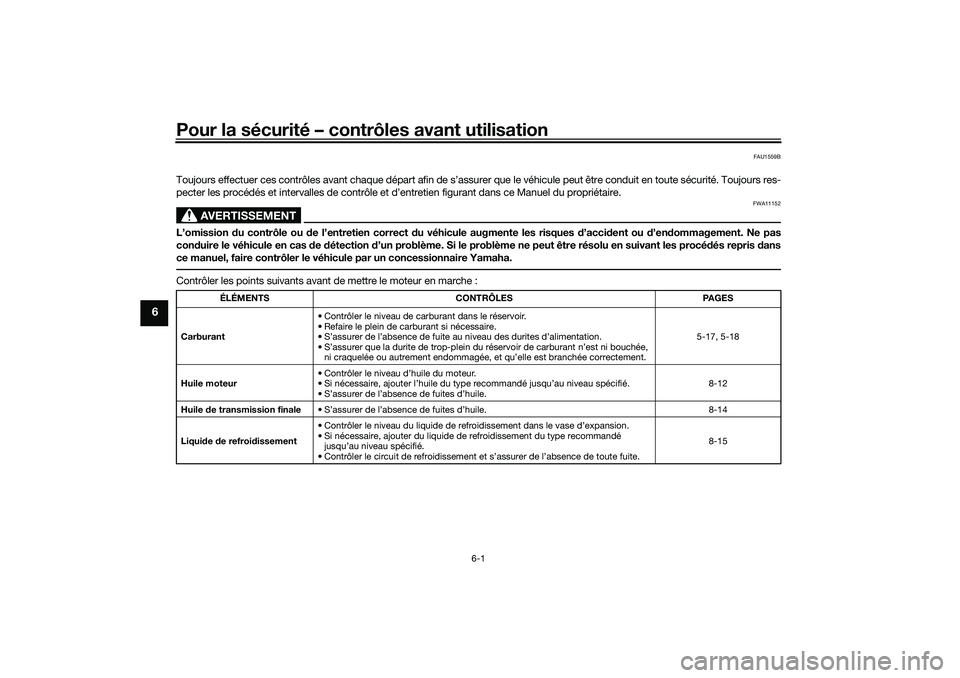 YAMAHA TRICITY 300 2020 Notices Demploi (in French) Pour la sécurité – contrôles avant utilisation
6-1
6
FAU1559B
Toujours effectuer ces contrôles avant chaque départ afin de s’assurer que le véhicule peut être conduit en toute sécurité. T YAMAHA TRICITY 300 2020 Notices Demploi (in French) Pour la sécurité – contrôles avant utilisation
6-1
6
FAU1559B
Toujours effectuer ces contrôles avant chaque départ afin de s’assurer que le véhicule peut être conduit en toute sécurité. T