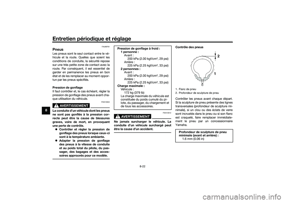 YAMAHA TRICITY 300 2020 Notices Demploi (in French) Entretien périodique et réglage
8-22
8
FAU69761
PneusLes pneus sont le seul contact entre le vé-
hicule et la route. Quelles que soient les
conditions de conduite, la sécurité repose
sur une trè YAMAHA TRICITY 300 2020 Notices Demploi (in French) Entretien périodique et réglage
8-22
8
FAU69761
PneusLes pneus sont le seul contact entre le vé-
hicule et la route. Quelles que soient les
conditions de conduite, la sécurité repose
sur une trè