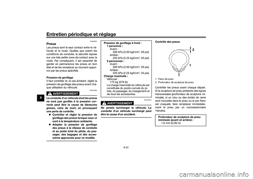 YAMAHA TRICITY 300 2020  Notices Demploi (in French) Entretien périodique et réglage
8-22
8
FAU69761
PneusLes pneus sont le seul contact entre le vé-
hicule et la route. Quelles que soient les
conditions de conduite, la sécurité repose
sur une trè