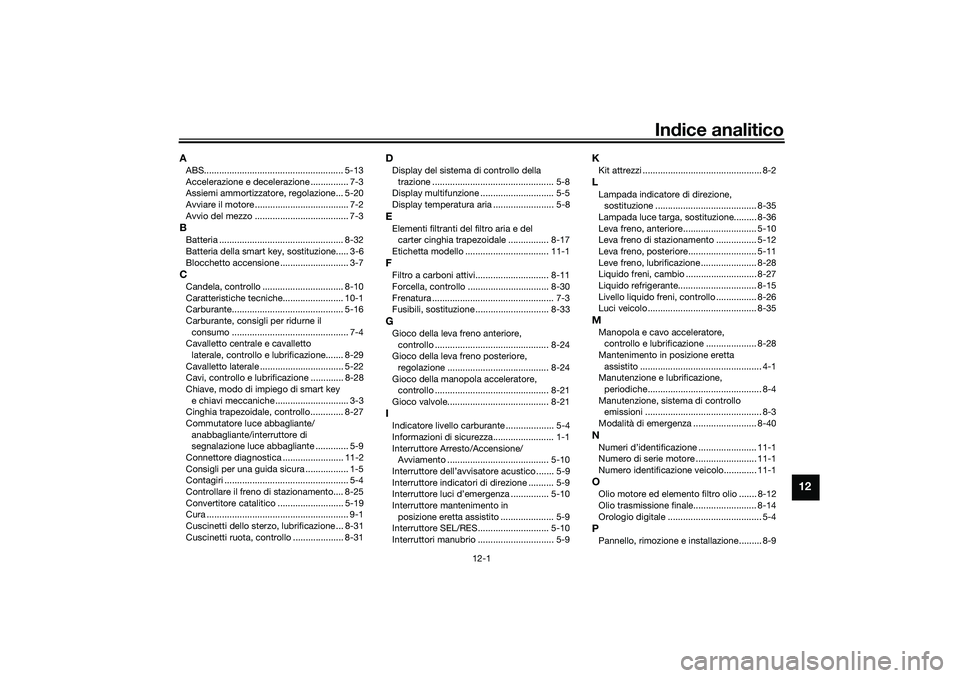 YAMAHA TRICITY 300 2020  Manuale duso (in Italian) 12-1
12
Indice analitico
AABS....................................................... 5-13
Accelerazione e decelerazione ............... 7-3
Assiemi ammortizzatore, regolazione... 5-20
Avviare il motor