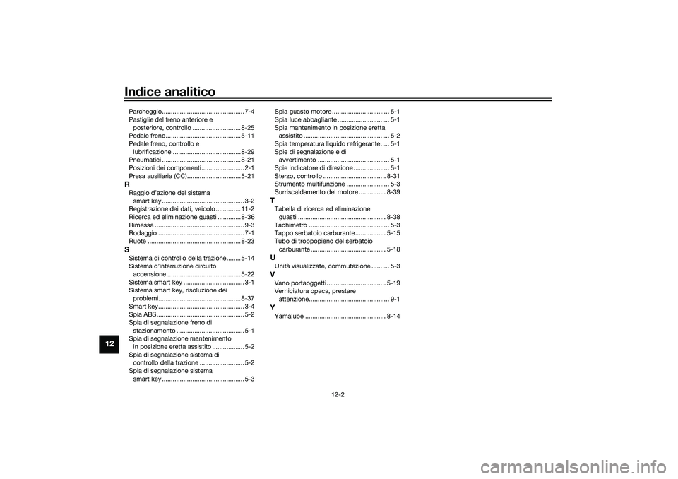 YAMAHA TRICITY 300 2020  Manuale duso (in Italian) Indice analitico
12-2
12
Parcheggio.............................................. 7-4
Pastiglie del freno anteriore e 
posteriore, controllo ........................... 8-25
Pedale freno..............