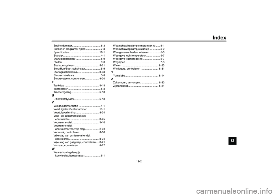 YAMAHA TRICITY 300 2020  Instructieboekje (in Dutch) Index
12-2
12
Snelheidsmeter....................................... 5-3
Sneller en langzamer rijden .................... 7-3
Specificaties ......................................... 10-1
Stahulp ......
