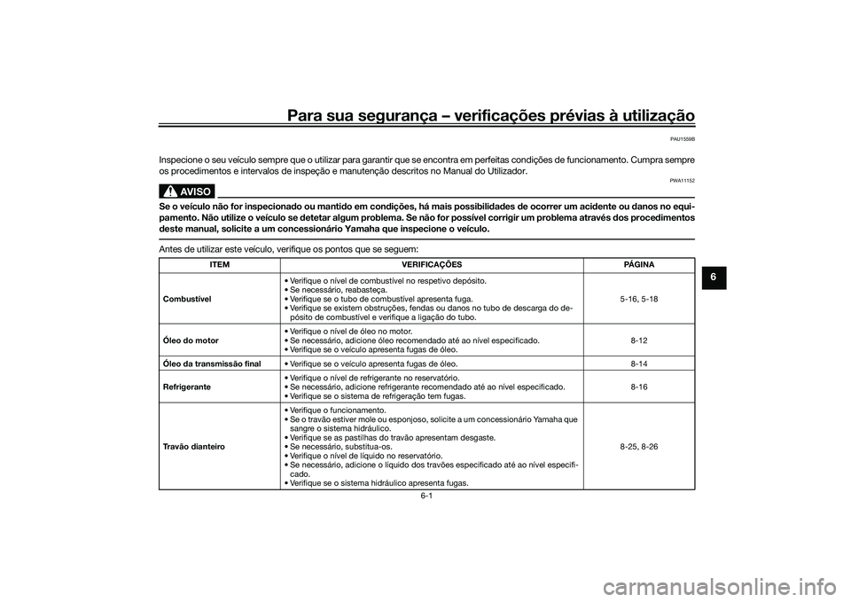 YAMAHA TRICITY 300 2020 Manual de utilização (in Portuguese) Para sua segurança – verificações prévias à utilização
6-1
6
PAU1559B
Inspecione o seu veículo sempre que o utilizar para garantir que se encontra em perfeitas condições de funcionamento. YAMAHA TRICITY 300 2020 Manual de utilização (in Portuguese) Para sua segurança – verificações prévias à utilização
6-1
6
PAU1559B
Inspecione o seu veículo sempre que o utilizar para garantir que se encontra em perfeitas condições de funcionamento.