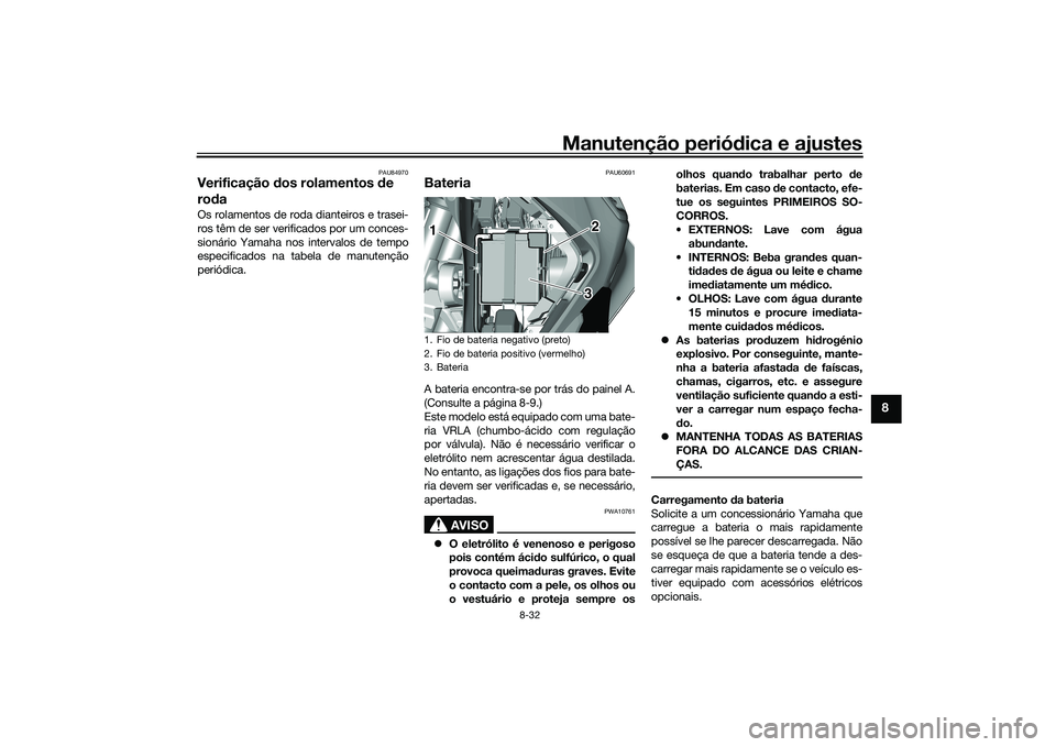 YAMAHA TRICITY 300 2020 Manual de utilização (in Portuguese) Manutenção periódica e ajustes
8-32
8
PAU84970
Verificação dos rolamentos de
rodaOs rolamentos de roda dianteiros e trasei-
ros têm de ser verificados por um conces-
sionário Yamaha nos interv YAMAHA TRICITY 300 2020 Manual de utilização (in Portuguese) Manutenção periódica e ajustes
8-32
8
PAU84970
Verificação dos rolamentos de
rodaOs rolamentos de roda dianteiros e trasei-
ros têm de ser verificados por um conces-
sionário Yamaha nos interv