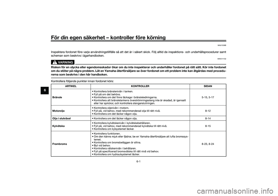 YAMAHA TRICITY 300 2020  Bruksanvisningar (in Swedish) För din egen säkerhet – kontroller före körning
6-1
6
MAU1559B
Inspektera fordonet före varje användningstillfälle så att det är i säkert skick. Följ alltid de inspektions- och underhåll