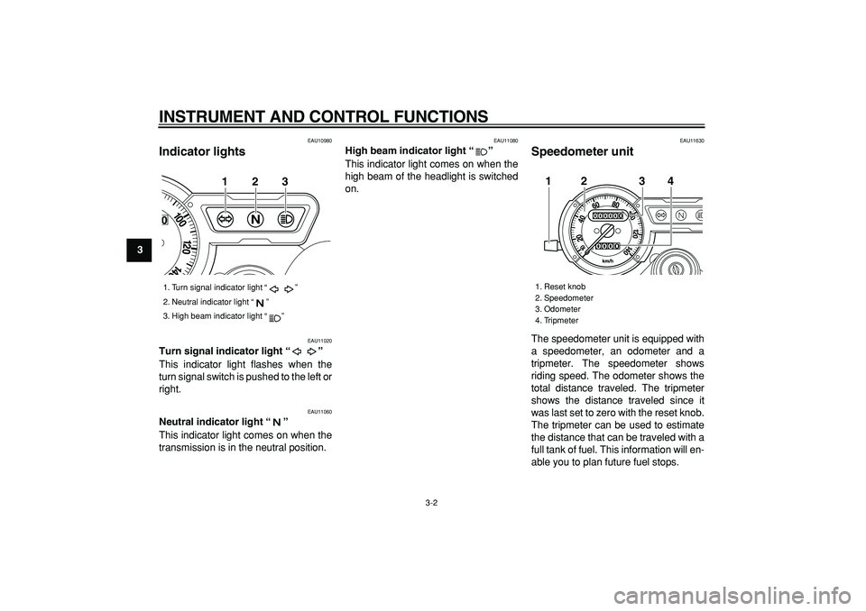YAMAHA TRICKER 250 2005 User Guide
INSTRUMENT AND CONTROL FUNCTIONS
3-2
1
2
3
4
5
6
7
8
9
EAU10980
Indicator lights
EAU11020
Turn signal indicator light “”
This indicator light flashes when the
turn signal switch is pus YAMAHA TRICKER 250 2005 User Guide
INSTRUMENT AND CONTROL FUNCTIONS
3-2
1
2
3
4
5
6
7
8
9
EAU10980
Indicator lights
EAU11020
Turn signal indicator light “”
This indicator light flashes when the
turn signal switch is pus
