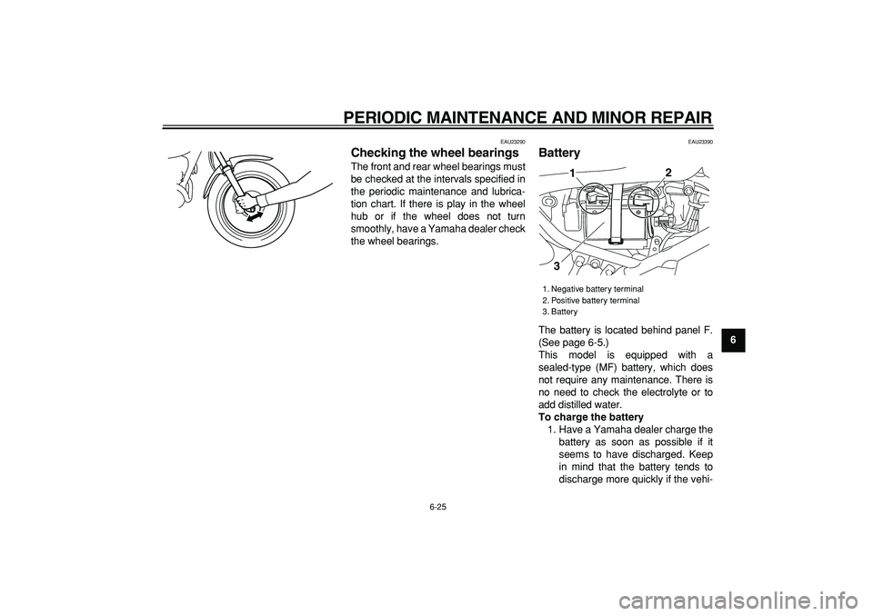 YAMAHA TRICKER 250 2005 Workshop Manual  
PERIODIC MAINTENANCE AND MINOR REPAIR 
6-25 
2
3
4
5
67
8
9
 
EAU23290 
Checking the wheel bearings  
The front and rear wheel bearings must
be checked at the intervals specified in
the periodic mai